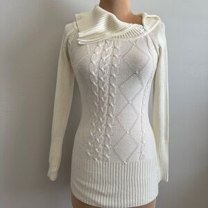 Ivory White Long Cableknit Tunic Long Sweater Turtleneck Cowl Neck Zipper Medium